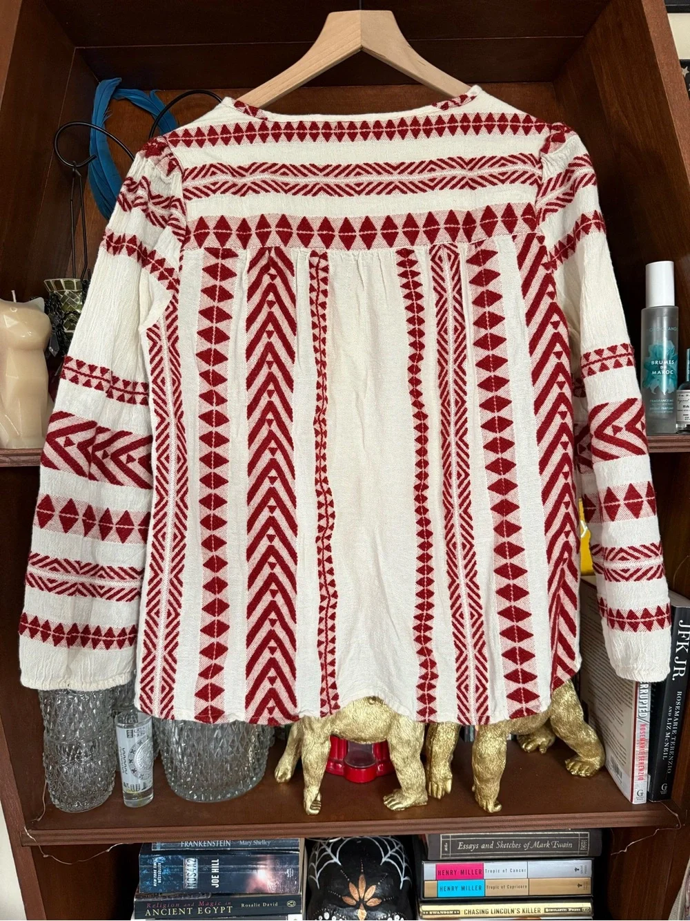 dylan - Embroidered Boho Tunic Top - Red / White - Women’s Large
